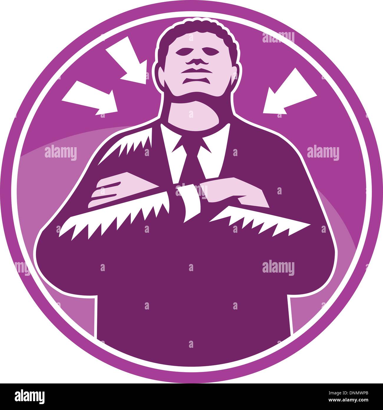 Illustration of a black african american businessman bouncer security guard with arms folded looking forward set inside circle done in retro woodcut style. Stock Vector