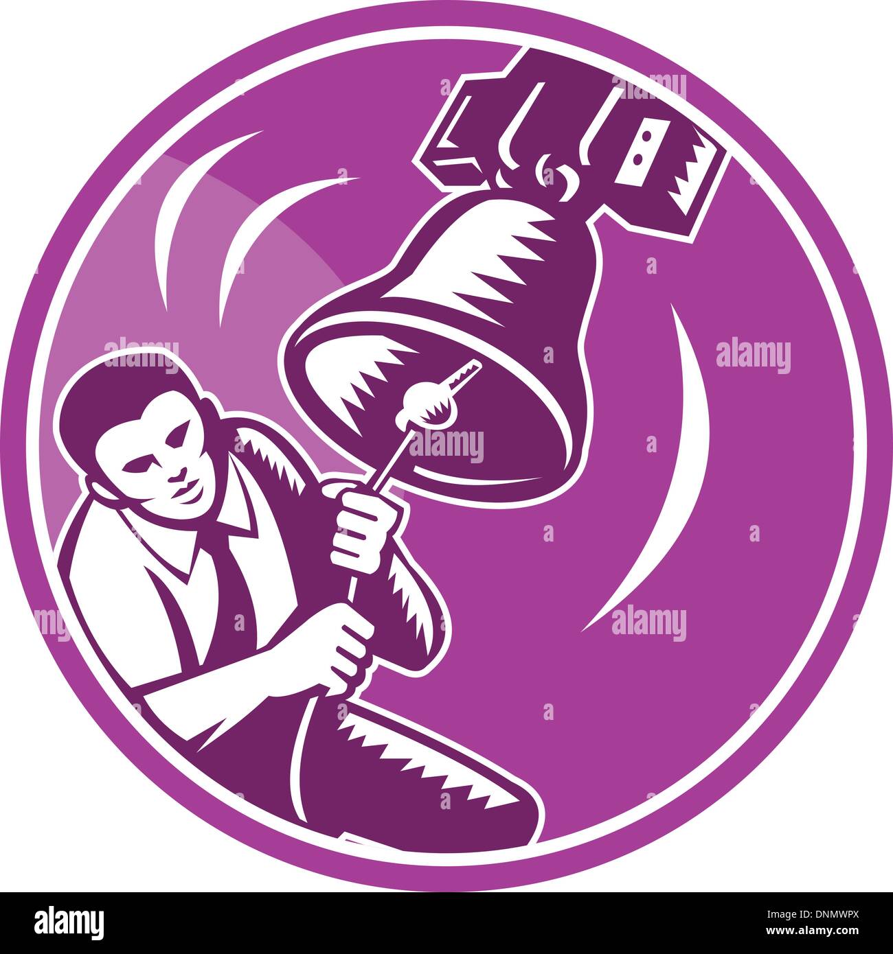 Illustration of a businessman ringer ringing liberty bell viewed from