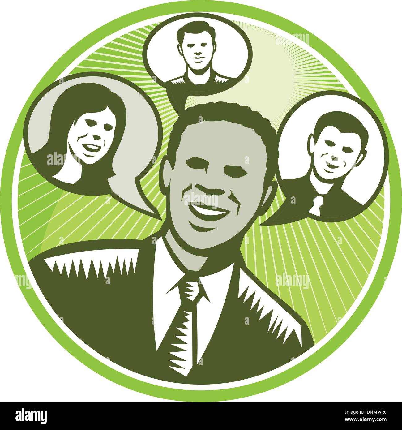 Illustration of a black african american businessman facing front smiling with speech bubble with happy people inside done in retro woodcut style set inside circle. Stock Vector
