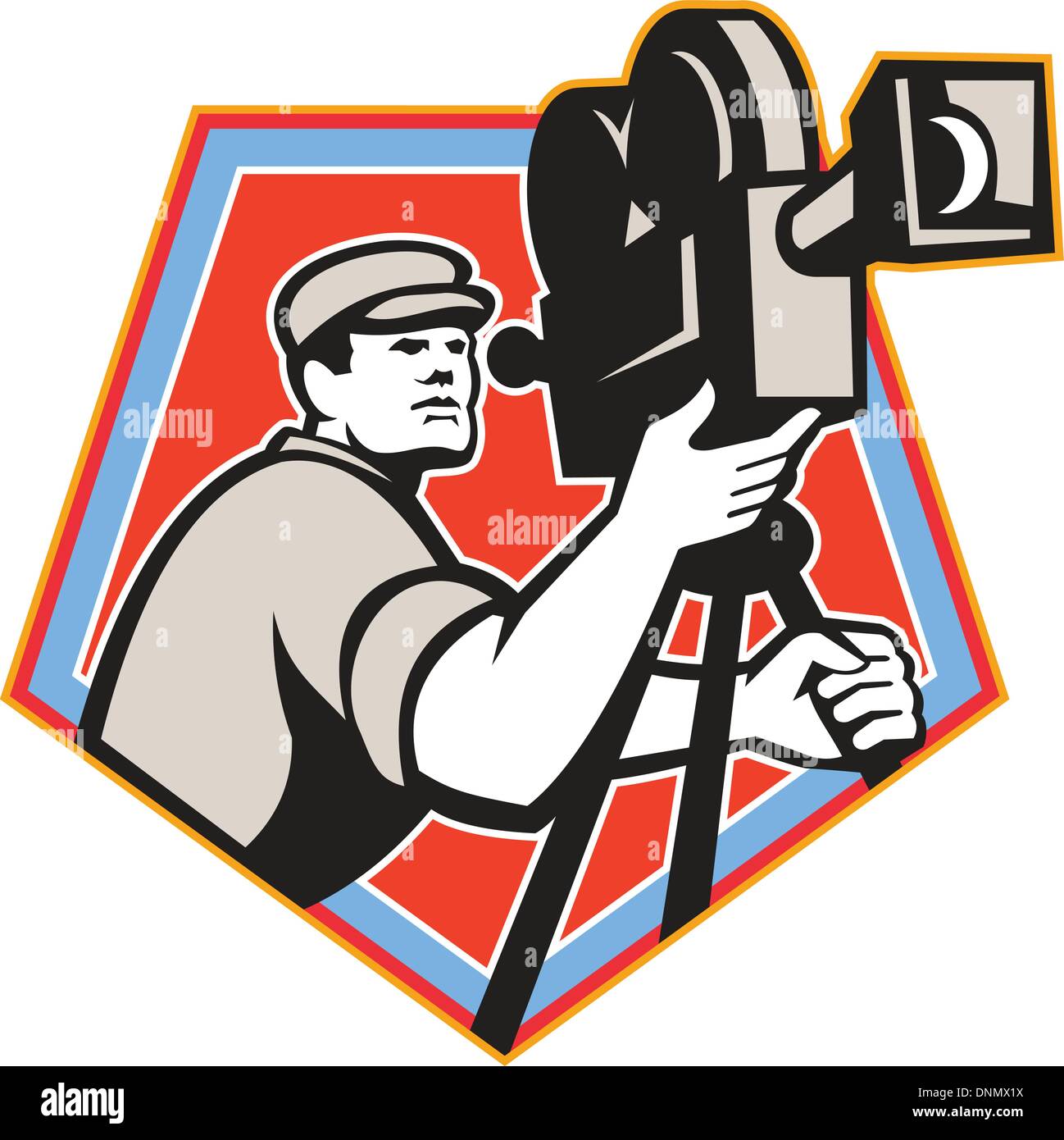 Illustration of a cameraman movie director shooting filming with vintage camera set inside shield crest done in retro style. Stock Vector