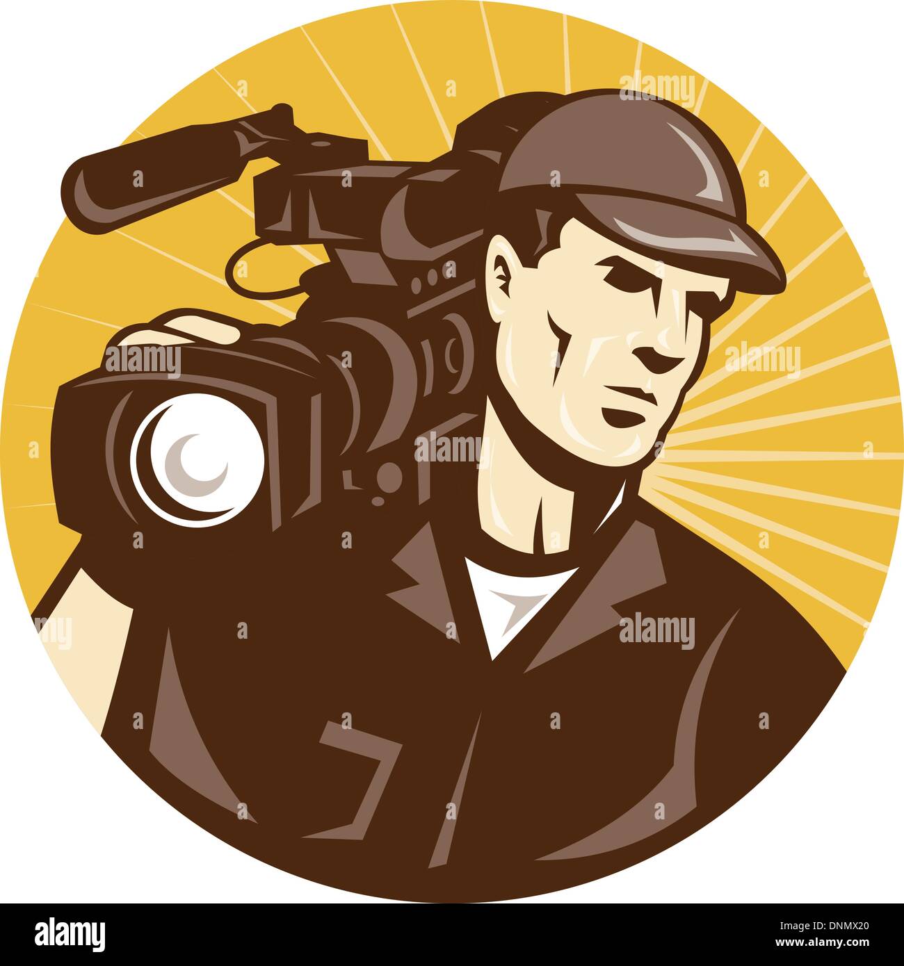Illustration of a professional cameraman film crew with video movie camera camcorder viewed from front set inside circle with sunburst done in retro style. Stock Vector