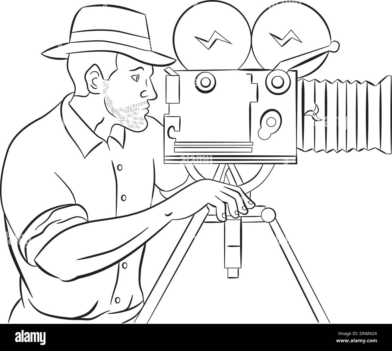 illustration of a Cameraman with vintage camera shooting side view done in the style of cartoon style isolated on white Stock Vector