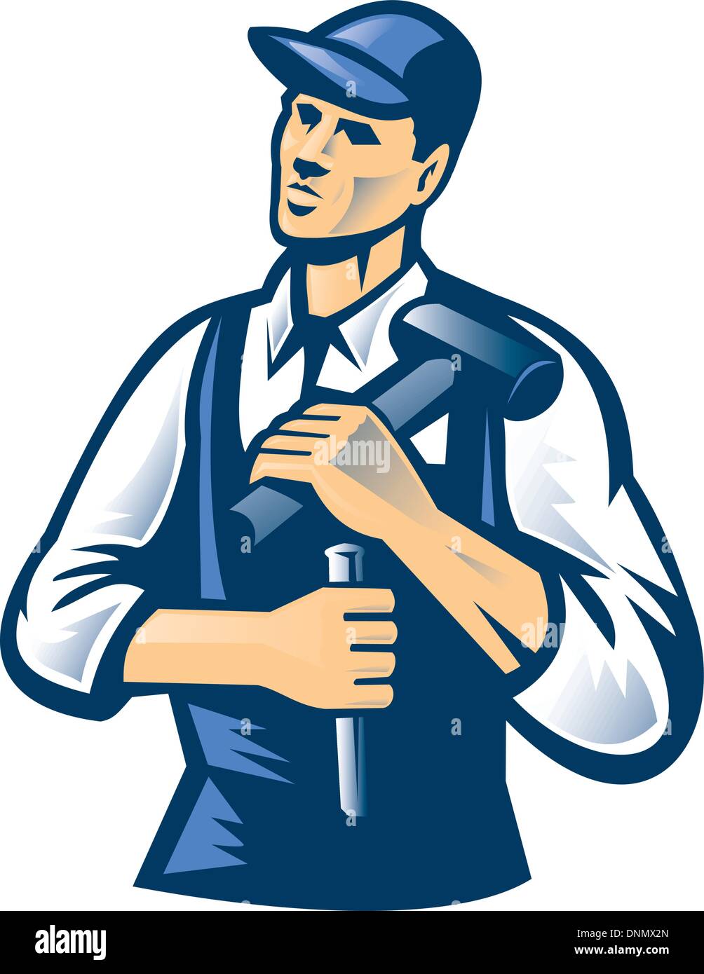Illustration of a carpenter wearing hat with hammer and cold chisel looking up done in retro style. Stock Vector
