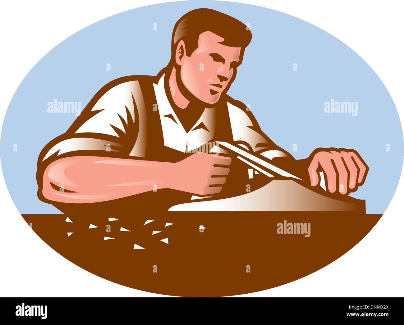 Illustration of a carpenter working with smooth plane done in retro woodcut style set inside ellipse. Stock Vector