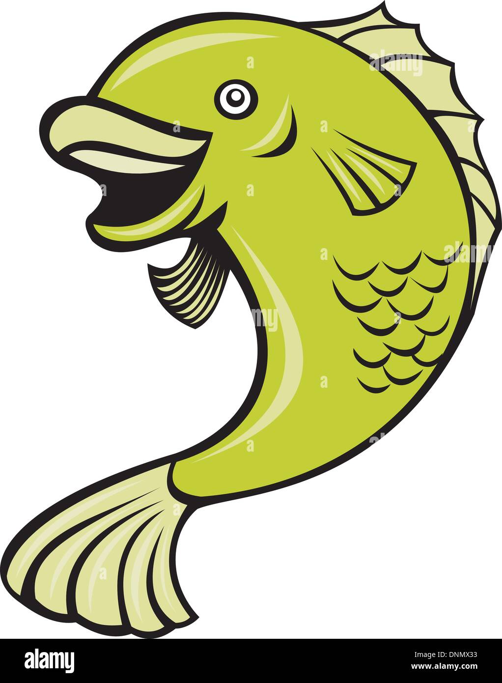 Illustration of a largemouth bass fish jumping done in cartoon