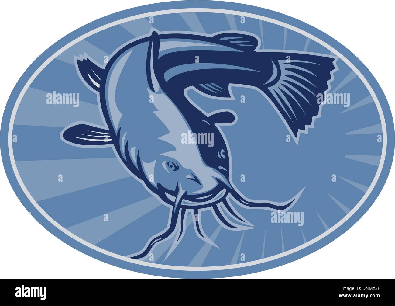 Illustration of a bullhead catfish fish swimming front set inside ellipse done in retro woodcut style. Stock Vector