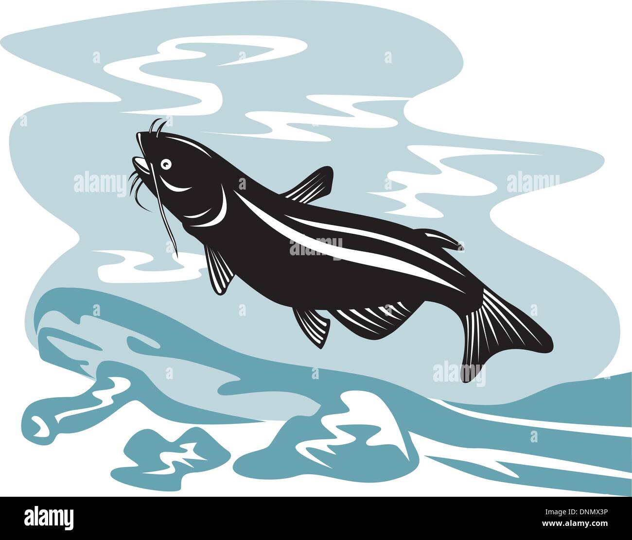 Illustration of a catfish jumping done in retro style. Stock Vector