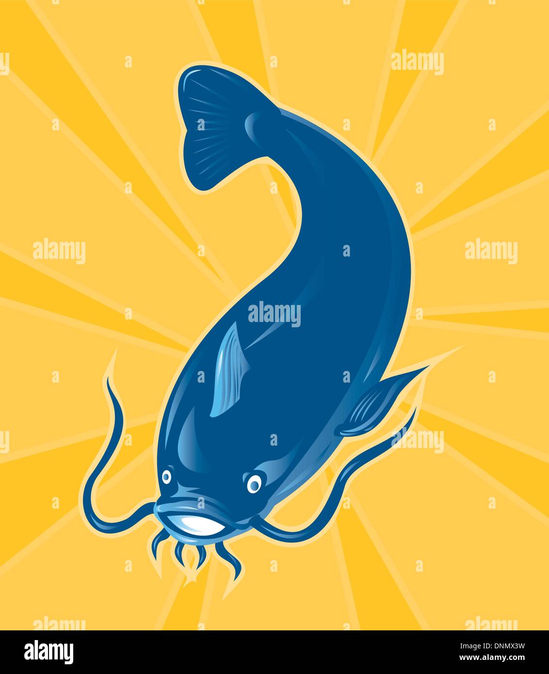 illustration of an angry catfish swimming down with sunburst in ...