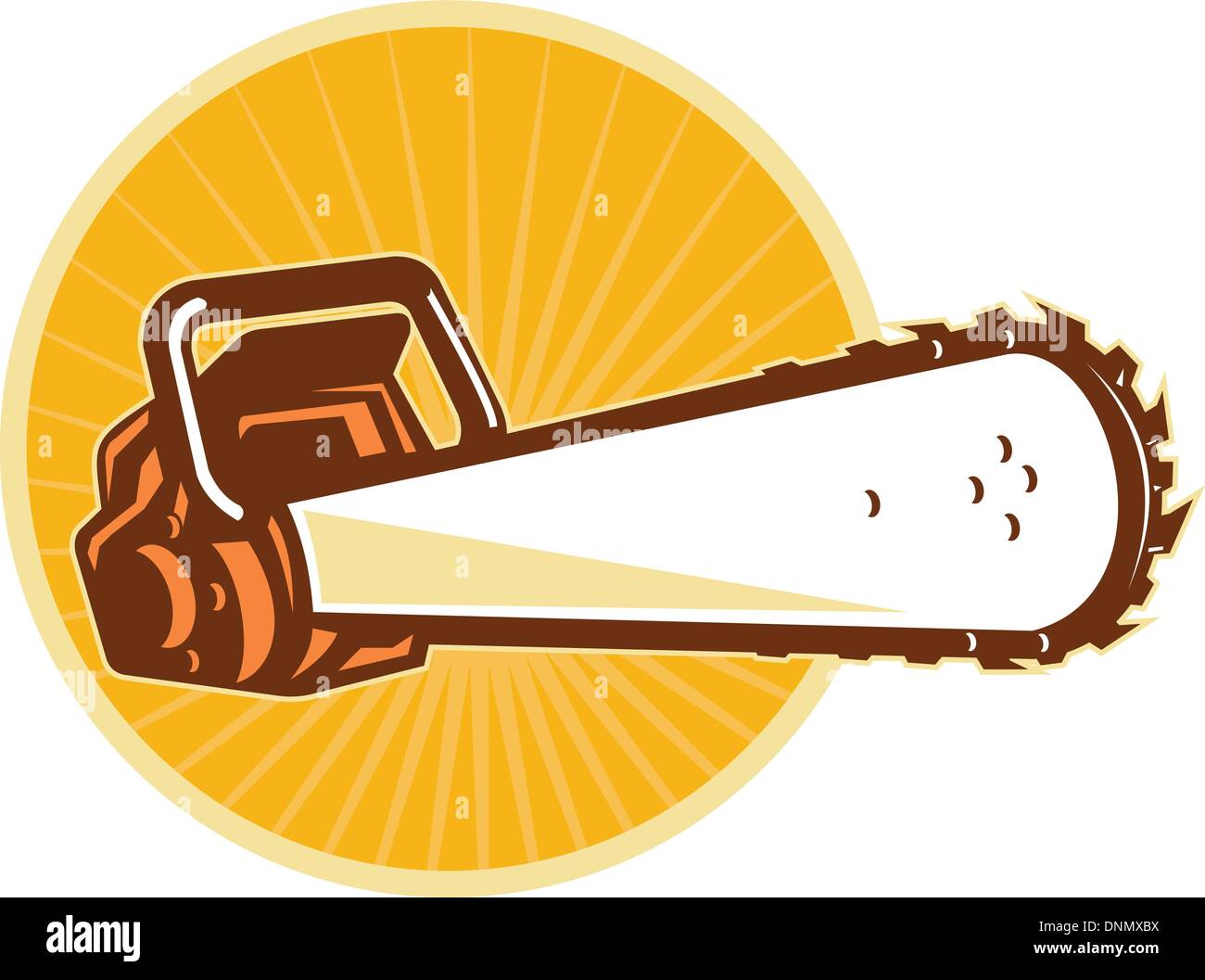 vector illustration of a chain saw viewed from the front at low angle with sunburst and circle in the background Stock Vector