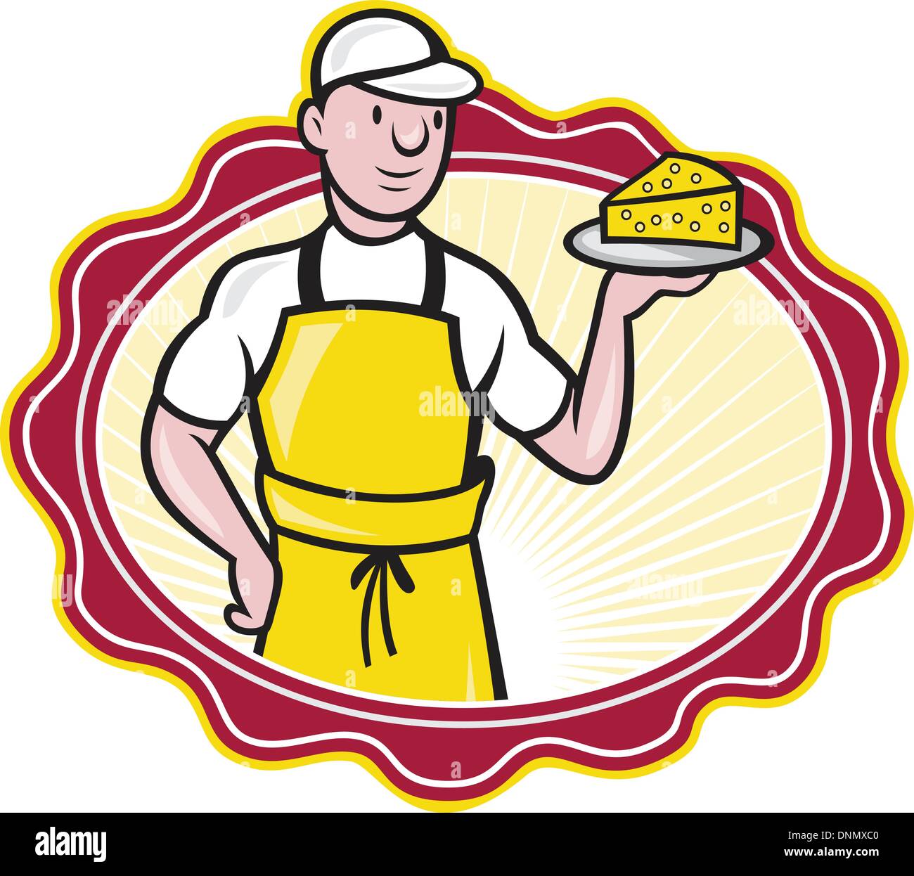 Illustration of a cheesemaker standing holding a plate with slice of