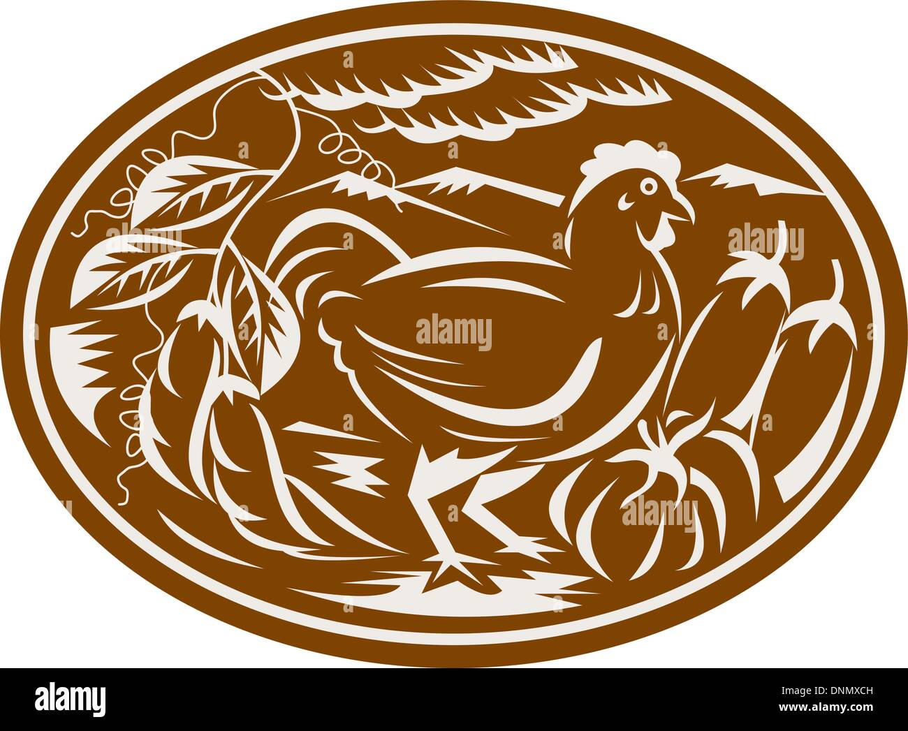 Illustration of a hen chicken side view with beans eggplant squash pumpkin vegetable crop set inside oval done in retro woodcut Stock Vector