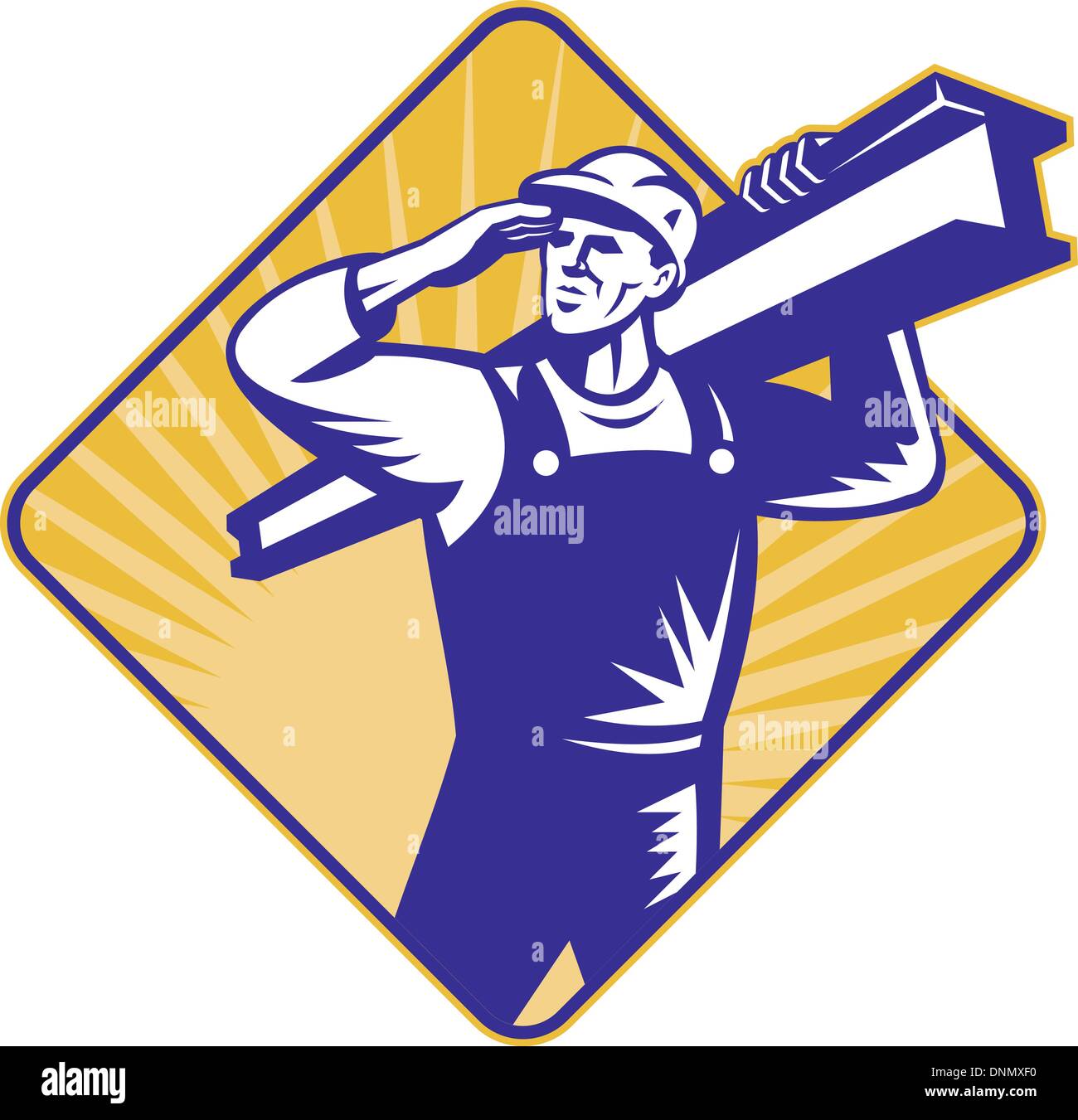 illustration of a construction worker saluting carrying i-beam facing ...