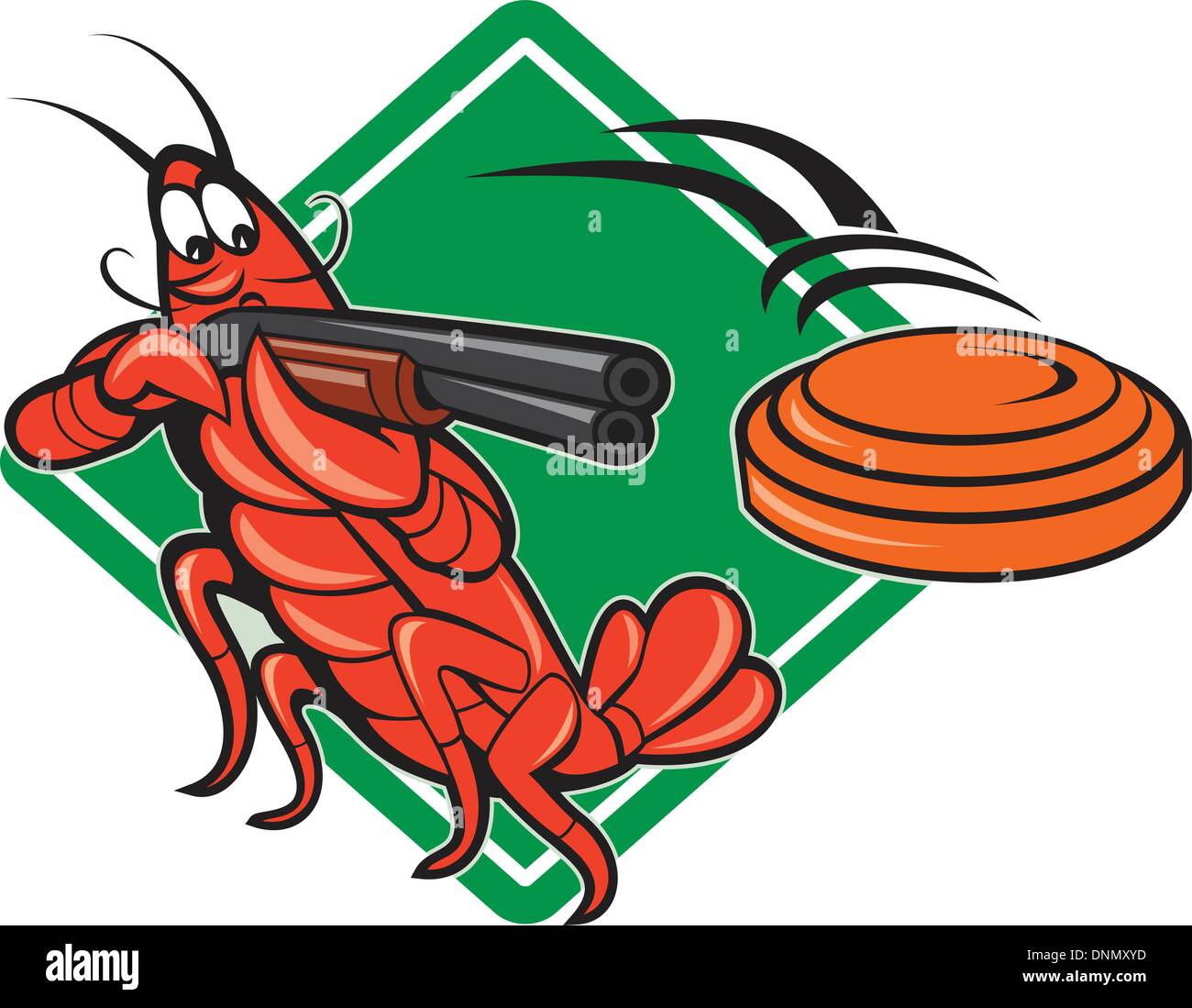 Illustration of a crayfish lobster skeet target shooting using shotgun rifle aiming at flying clay disk with diamond shape in background done in cartoon style. Stock Vector