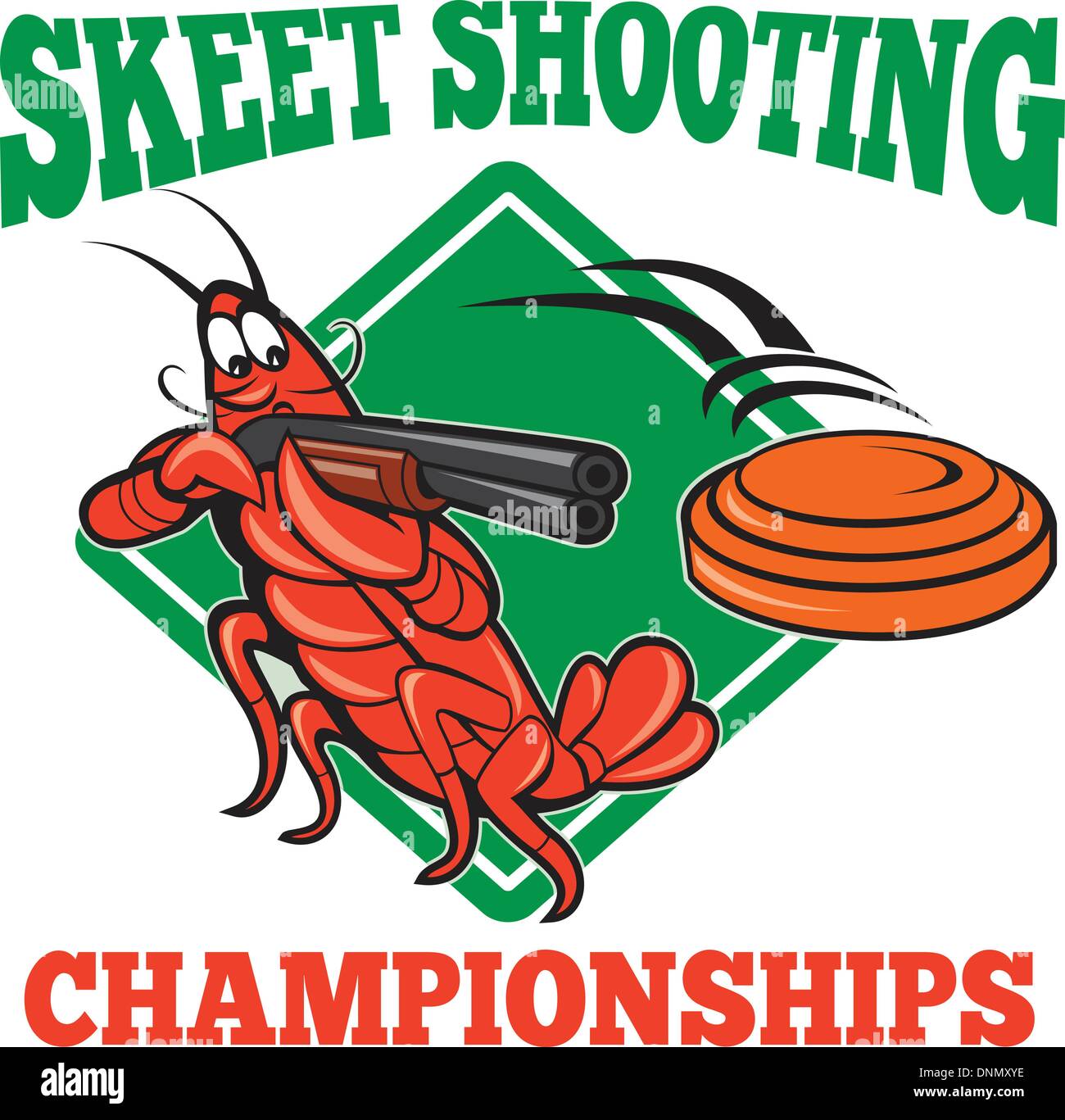 Illustration of a crayfish lobster skeet target shooting using shotgun rifle aiming at flying clay disk with diamond shape in background done in cartoon style with text skeet shooting championships. Stock Vector