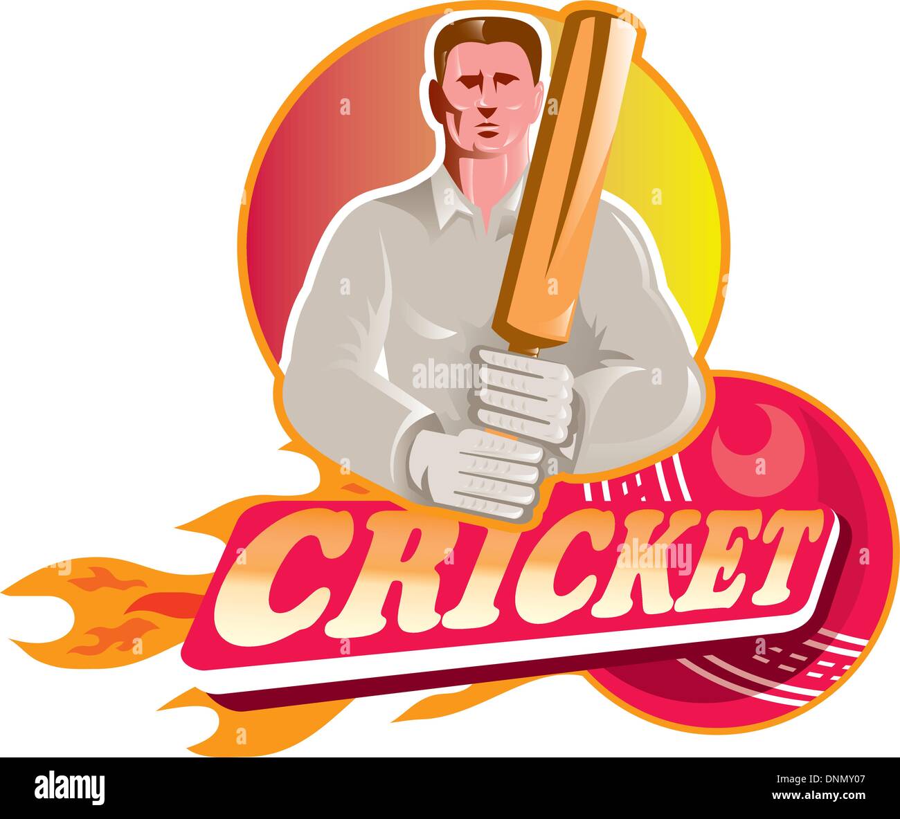 illustration of a cricket player batsman with bat front view on isolated background with flaming ball and word cricket Stock Vector