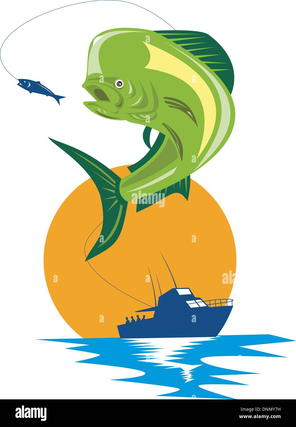 illustration of a dorado dolphin fish mahimahi jumping with fishing