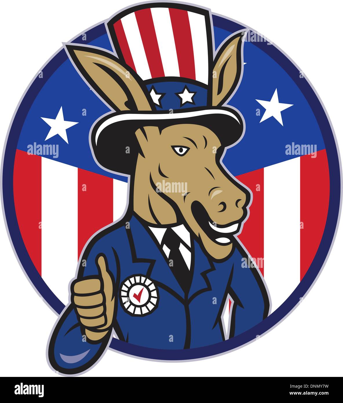 Illustration of a democrat donkey mascot of the democratic grand old party gop wearing hat and suit thumbs up set inside American stars and stripes flag circle done in cartoon style. Stock Vector
