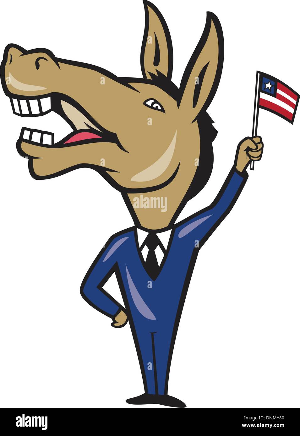 Illustration of a democrat donkey mascot of the democratic party waving  american stars and stripes flag done in cartoon style. Stock Vector