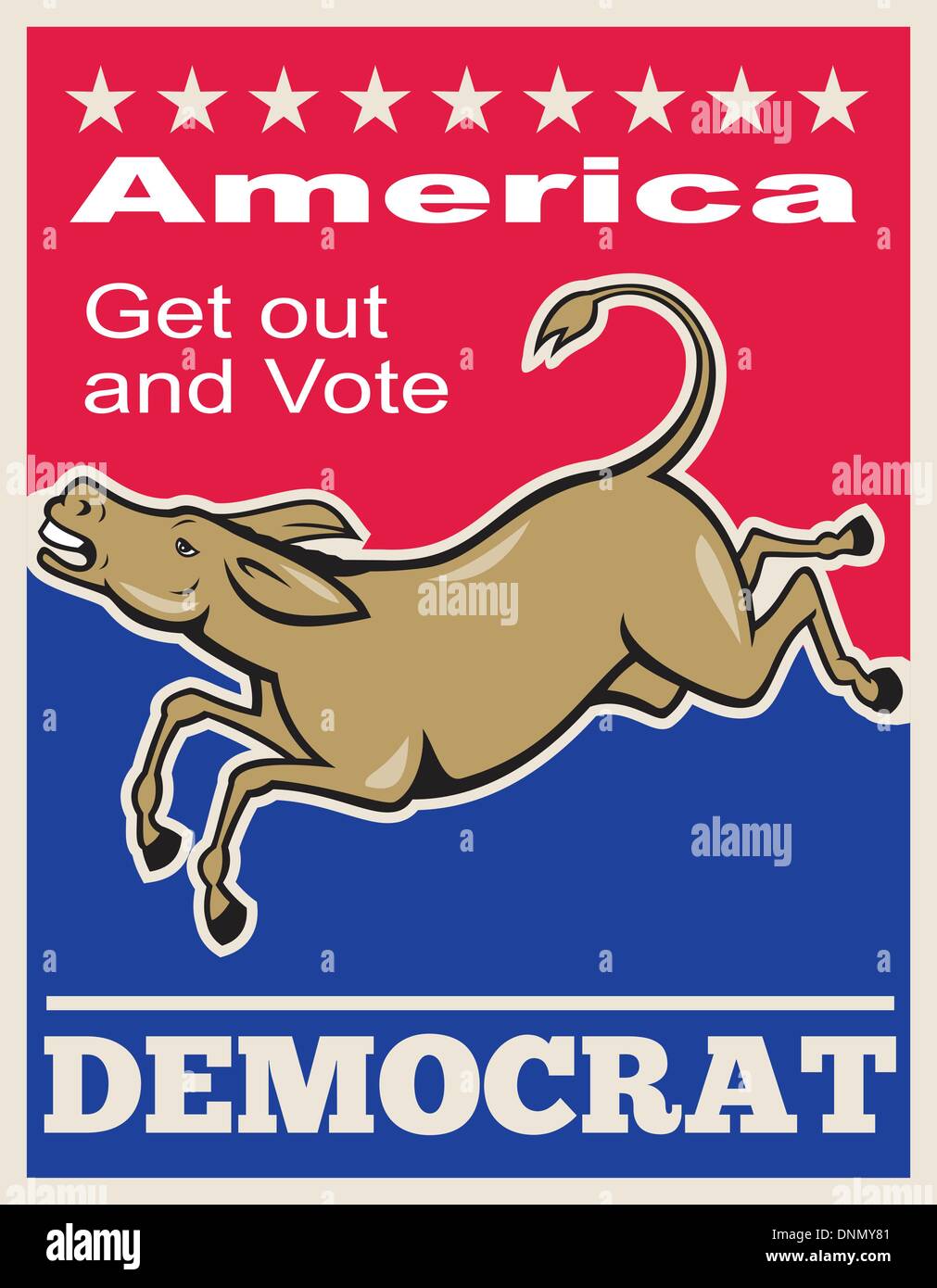 Poster illustration of a democrat donkey mascot of the democratic party jumping done in cartoon style with words America get out and vote democrat'.' Stock Vector