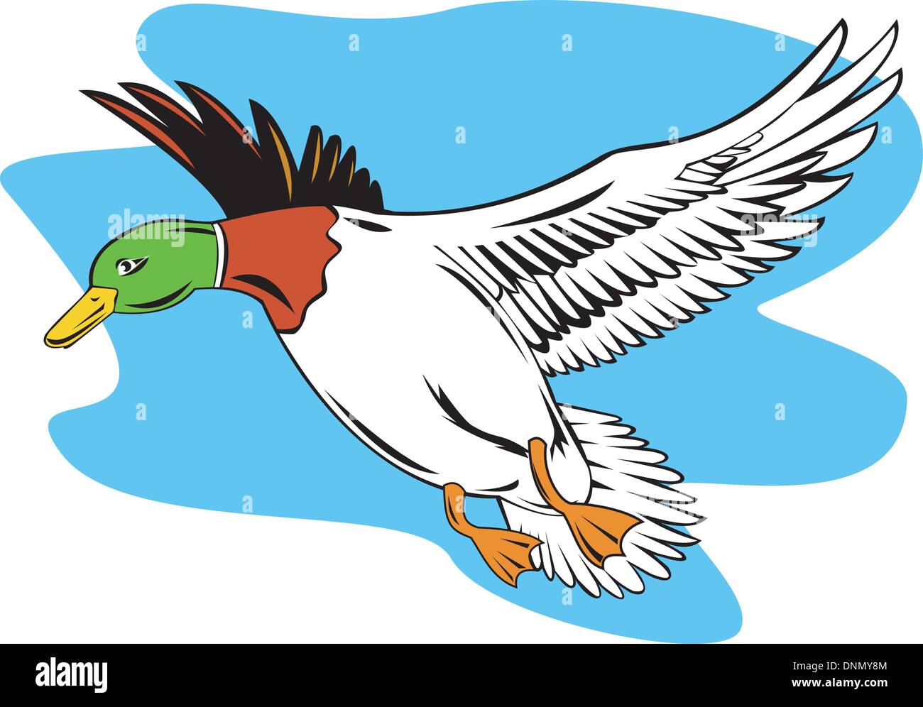 Illustration of a mallard duck flying done in retro style. Stock Vector