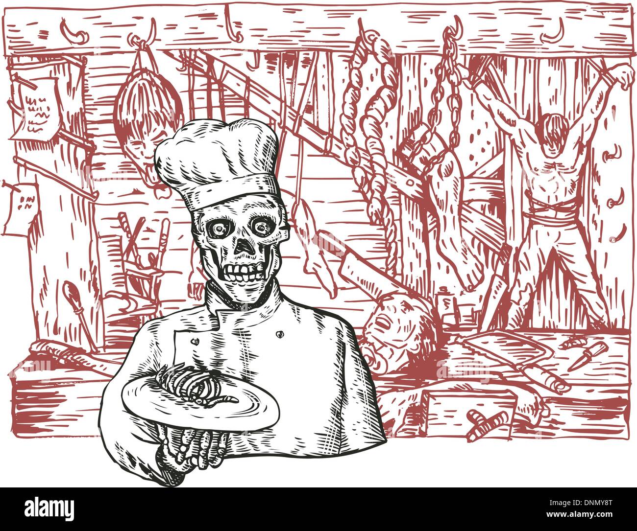 Illustration of dungeon room chef baker done in retro style. Stock Vector