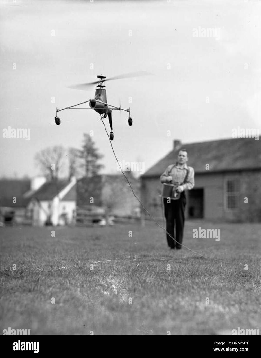 Model helicopter being controlled by its creator Arthur M. Young: Paoli, Pennsylvania Stock Photo