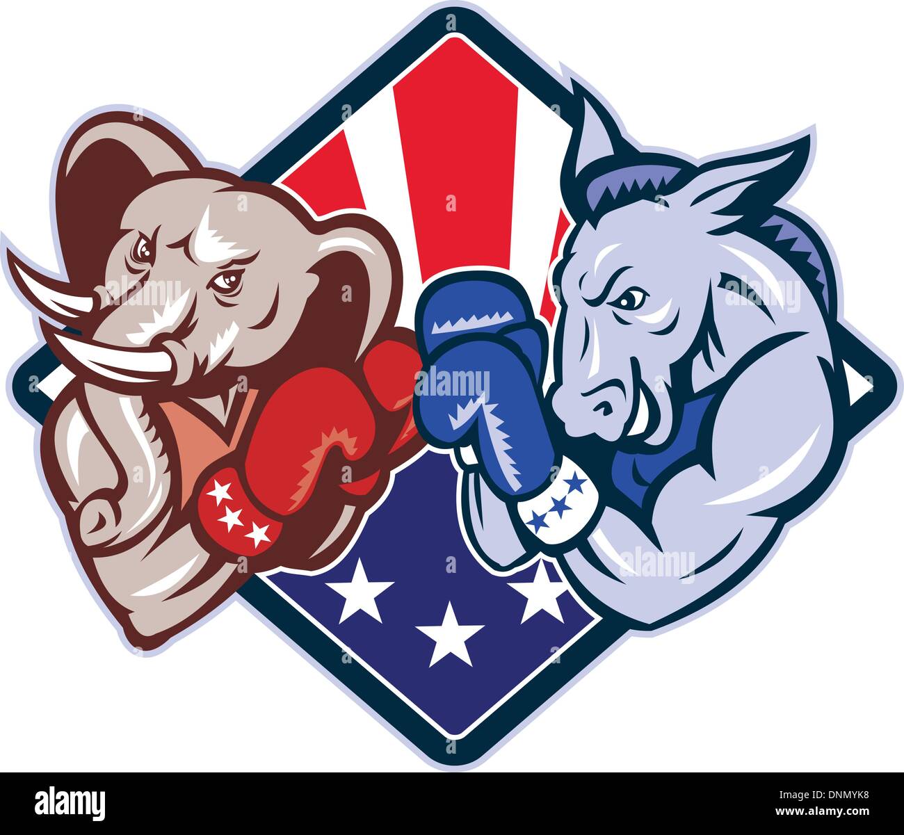 Illustration of a democrat donkey mascot of the democratic grand old party gop and republican elephant boxer boxing with gloves Stock Vector