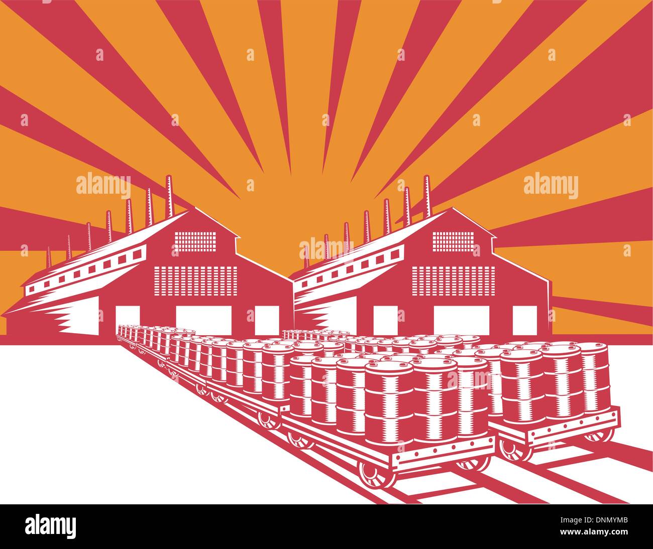 Illustration of a factory building  with drum and barrel of oil on rail track done in retro style. Stock Vector