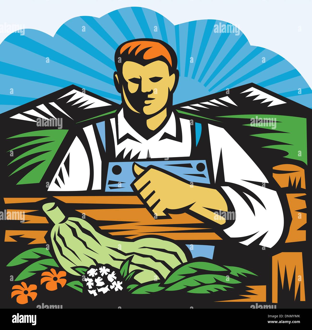 Illustration of organic farmer with crop produce harvest of vegetables ...