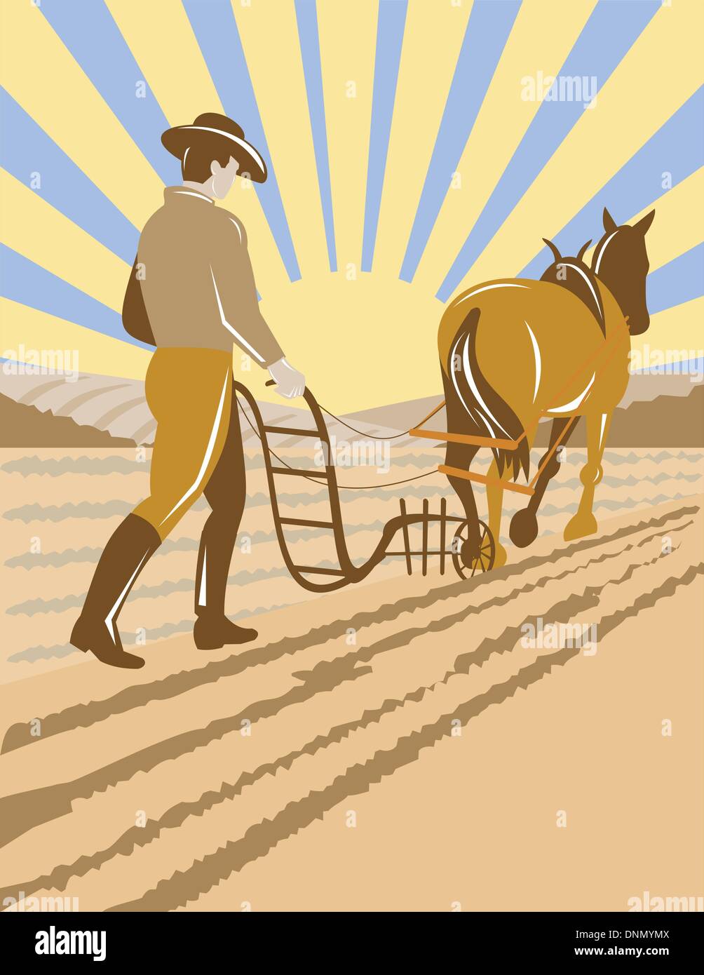 Illustration Of A Farmer And Horse Plowing The Farm Field Done In Retro   Illustration Of A Farmer And Horse Plowing The Farm Field Done In DNMYMX 