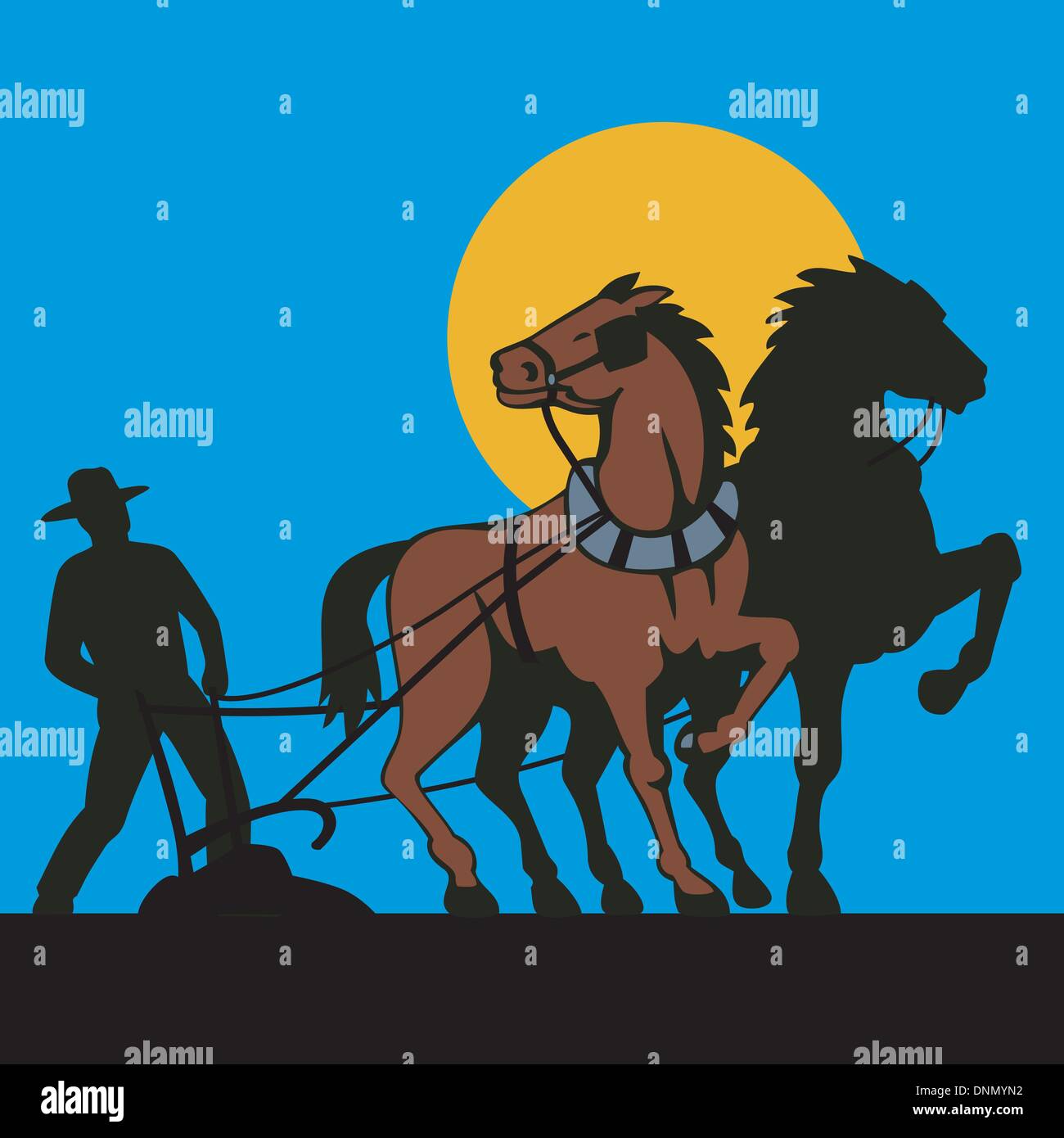 illustration of a farmer and horse plowing field done in retro style ...