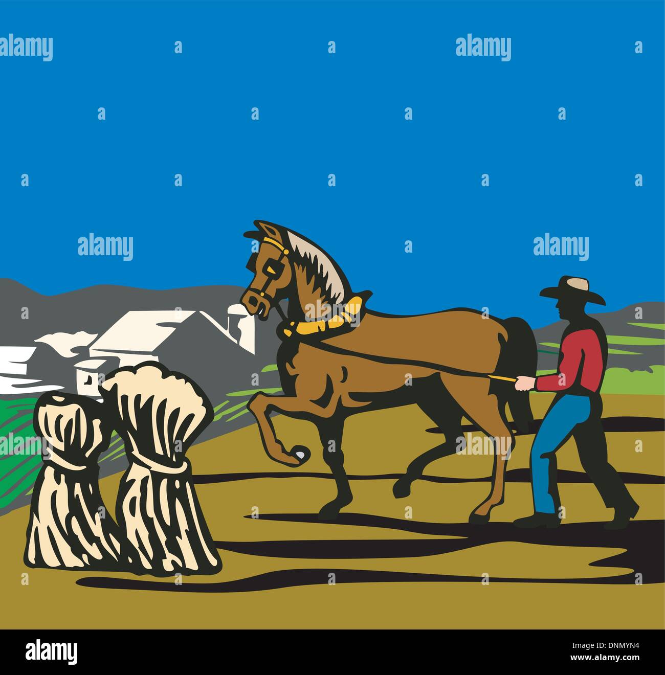 illustration of a farmer and horse plowing field done in retro style ...