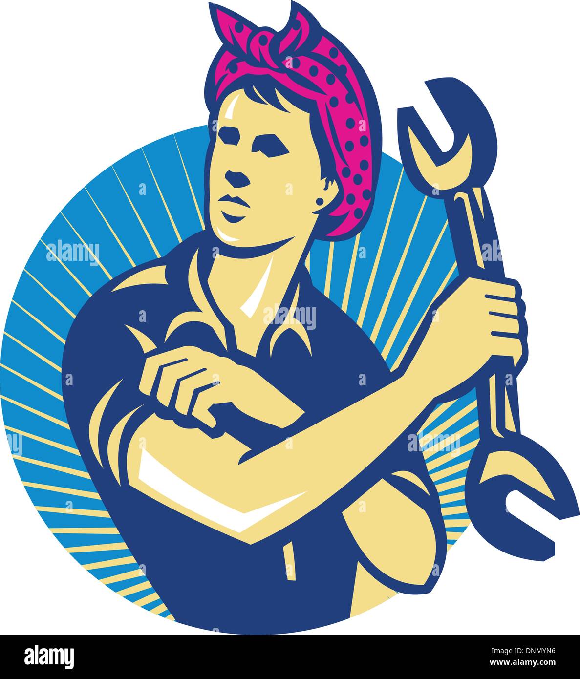 Illustration of a female mechanic holding a spanner wrench flexing her muscle arm set inside circle done in retro style. Stock Vector