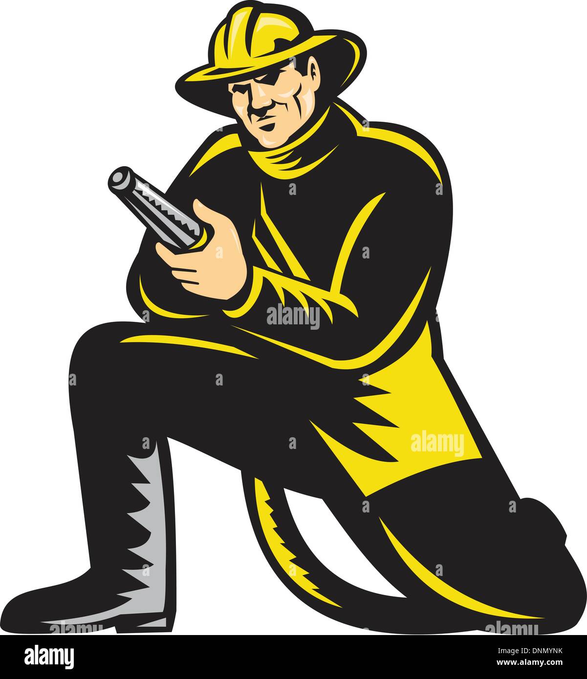 illustration of a fireman firefighter kneeling aiming fire hose viewed ...