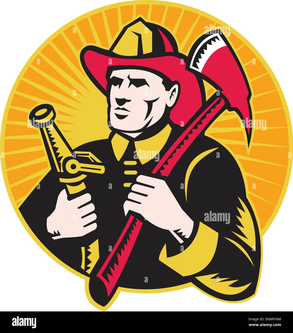 illustration of a fireman firefighter holding ax and fire hose set