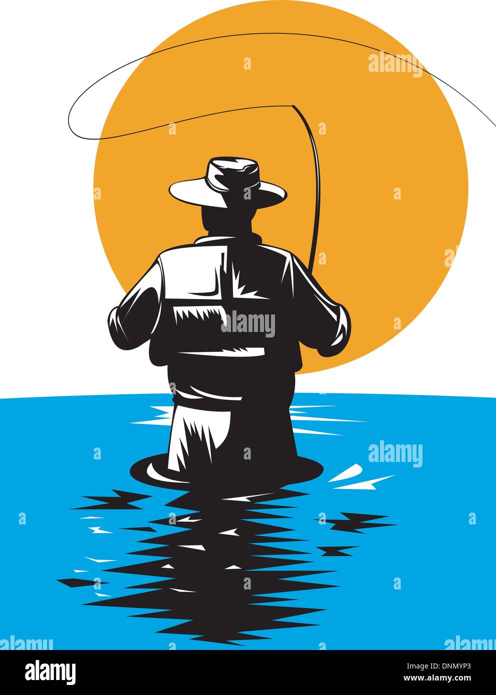 illustration of a fly fisherman casting rod and reel done in retro style Stock Vector Image