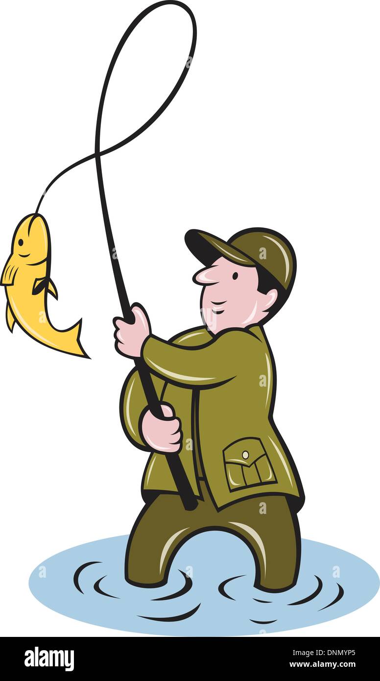 illustration of a fisherman fishing reeling in fish done in cartoon style  on isolated white background Stock Vector Image & Art - Alamy