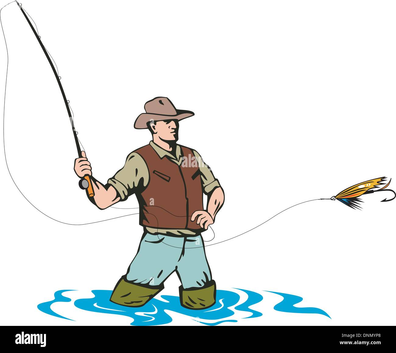 illustration of a fly fisherman casting rod and reel done in retro