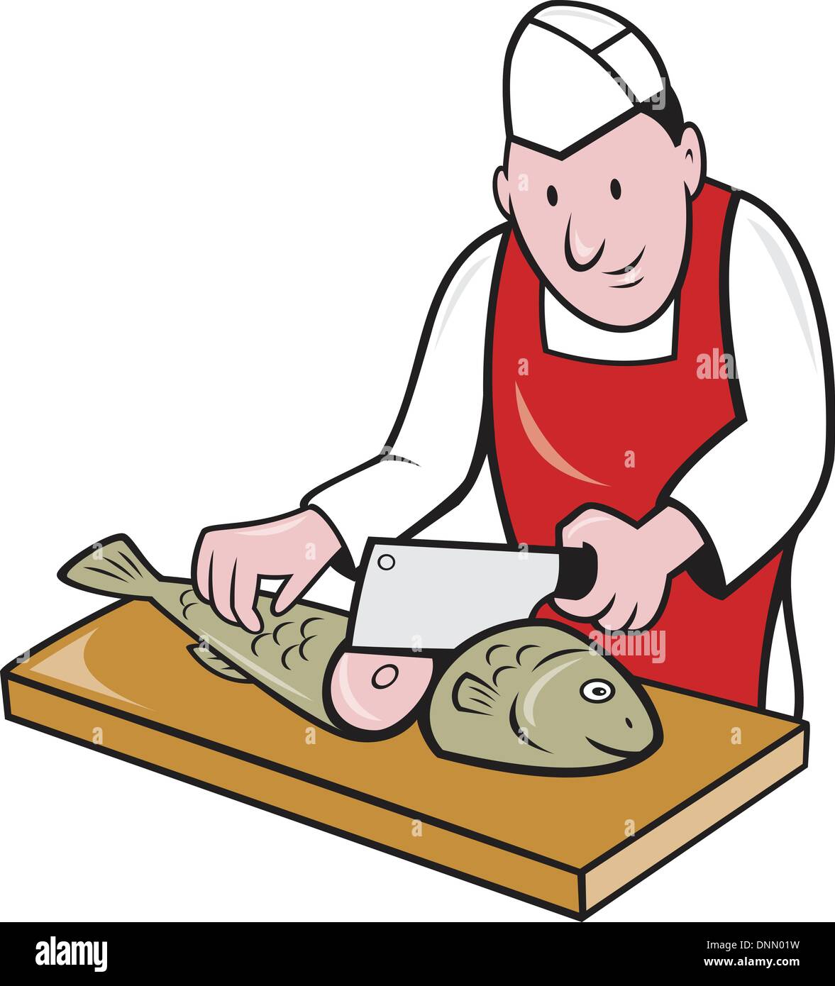 Retro style illustration of a butcher fishmonger sushi chef cutter worker with meat cleaver knife chopping fish facing front on Stock Vector