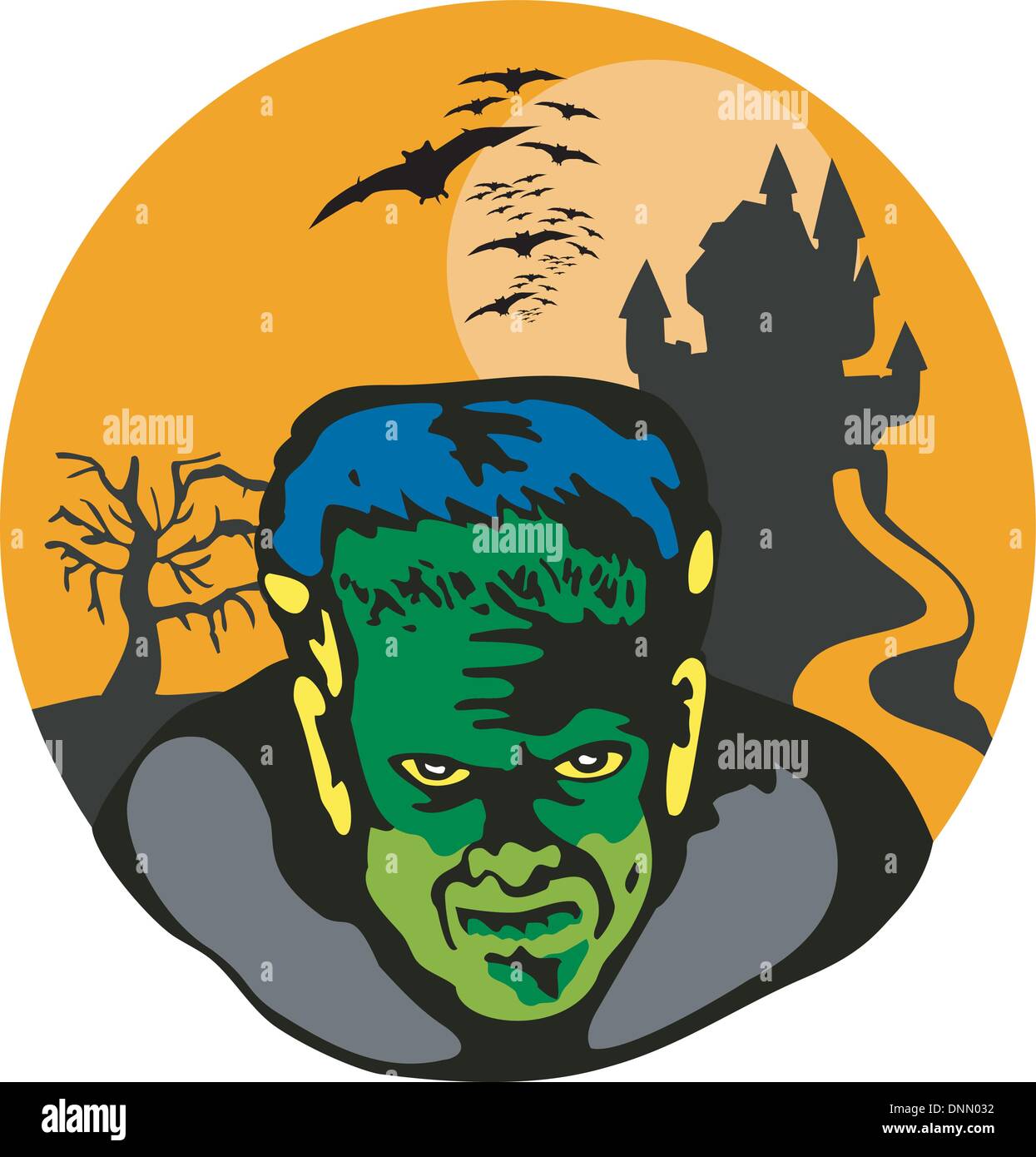 Illustration of Frankenstein in front of Haunted House backdrop done in retro style. Stock Vector