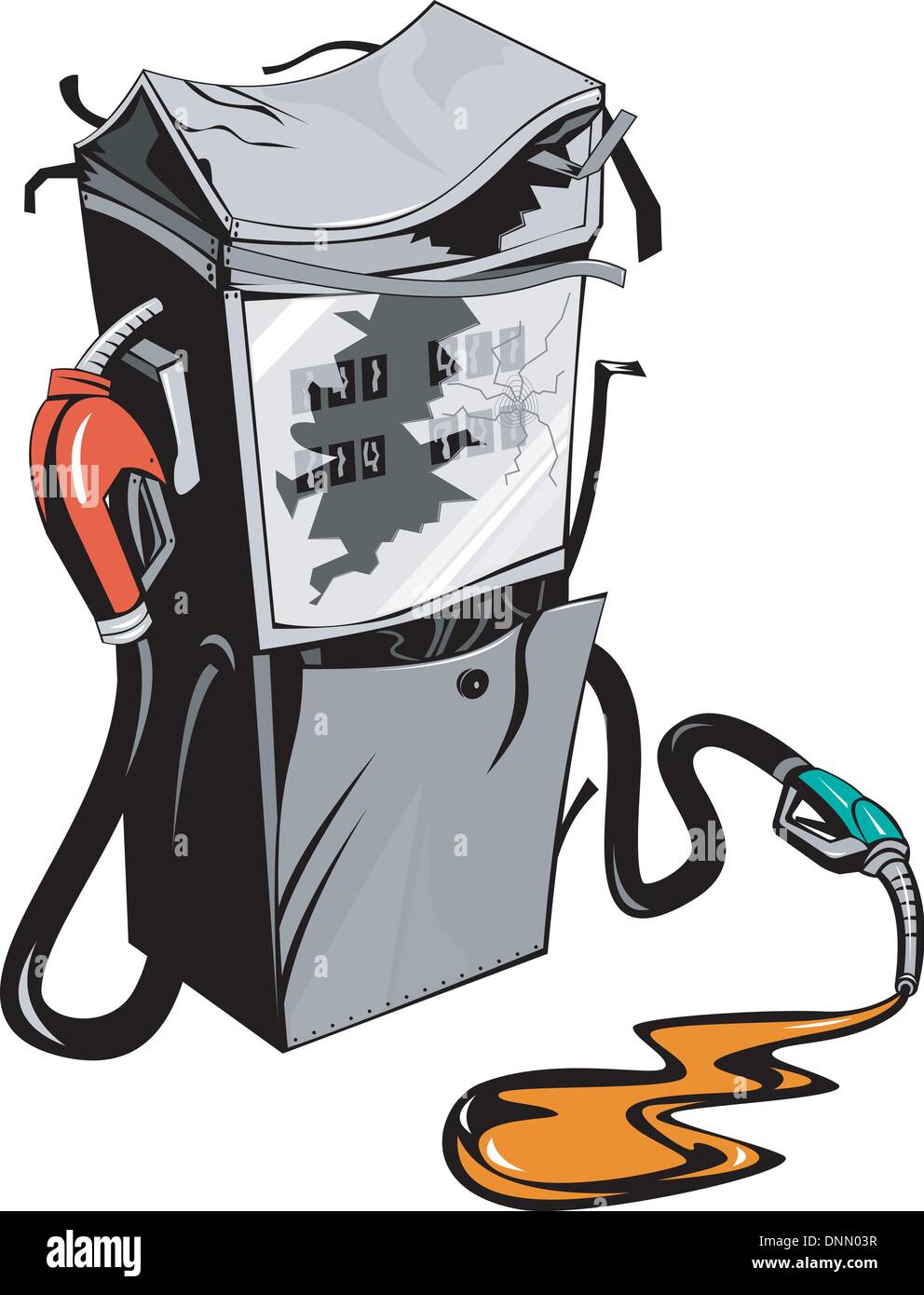 Illustration of a broken gas gasoline fuel pump station with nozzle