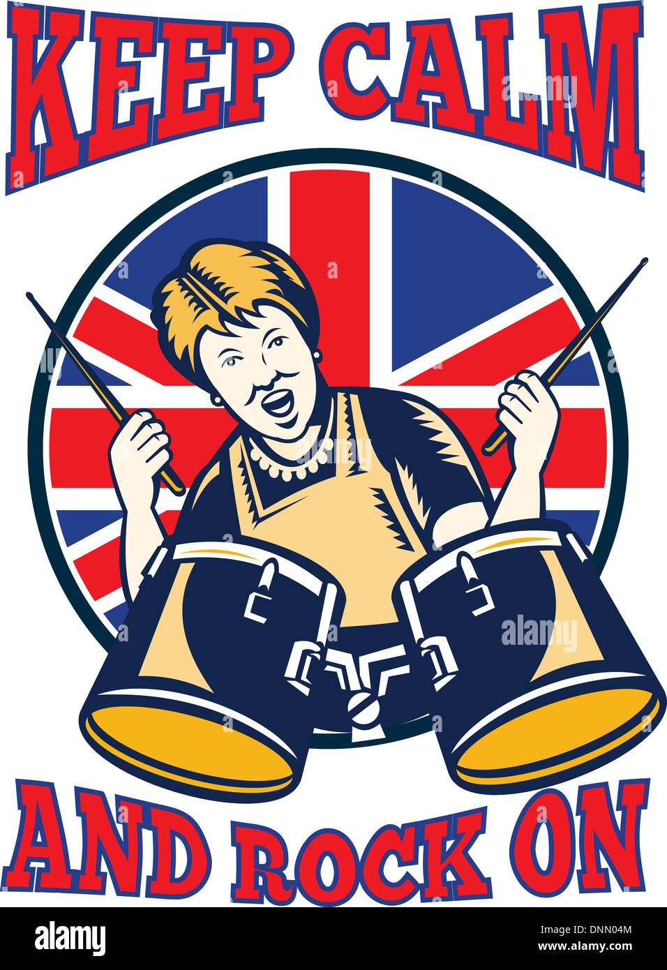 Retro illustration of a british granny queen playing drums with union jack flag set inside shield with words keep calm and rock on'.' Stock Vector