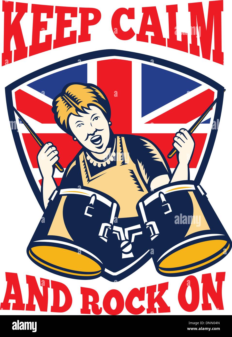 Retro illustration of a british granny queen playing drums with union jack flag set inside shiled with words keep calm and rock on'.' Stock Vector