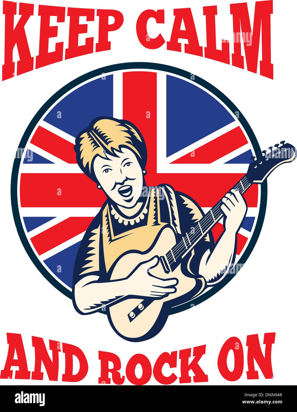 Retro illustration of a british granny queen playing guitar with union jack flag set inside circle with words keep calm and rock on'.' Stock Vector