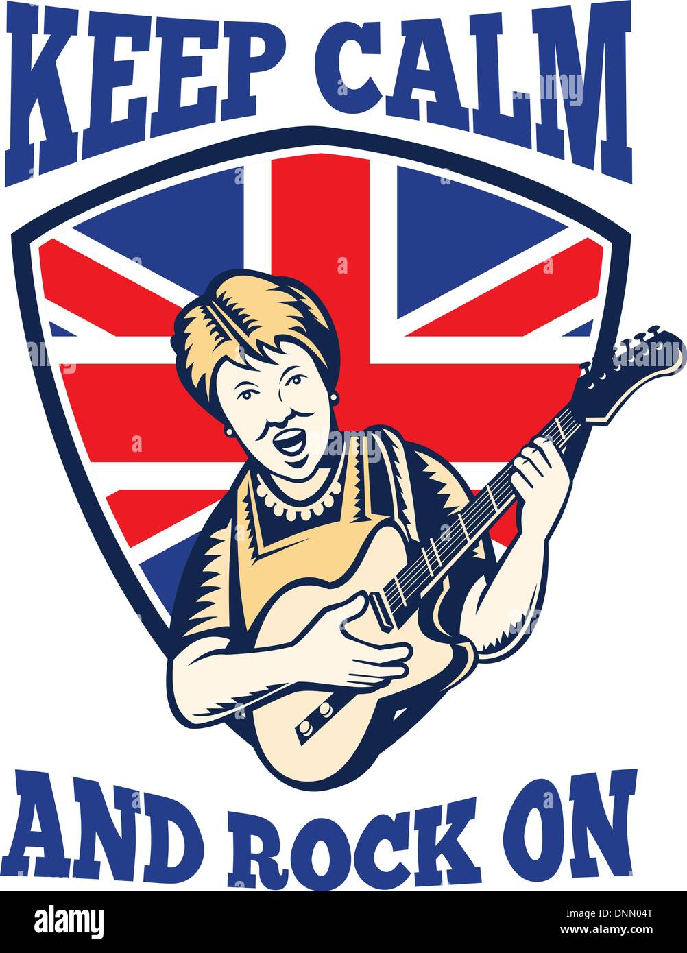 Retro illustration of a british granny queen playing guitar with union jack flag set inside shield with words keep calm and rock on'.' Stock Vector