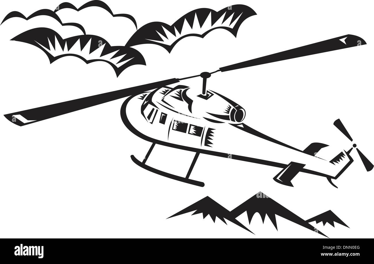 illustration of a helicopter chopper flying with clouds and mountains in background done in black and white Stock Vector