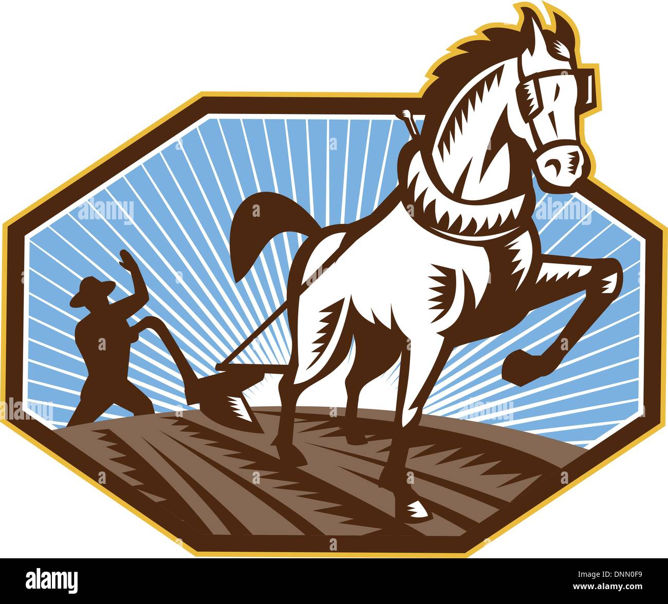 Illustration of farmer and horse plowing field done in retro style ...