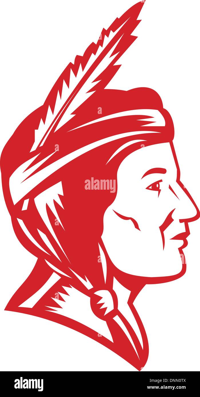 Illustration of a native american indian squaw woman viewed from side done in retro woodcut style set inside circle Stock Vector