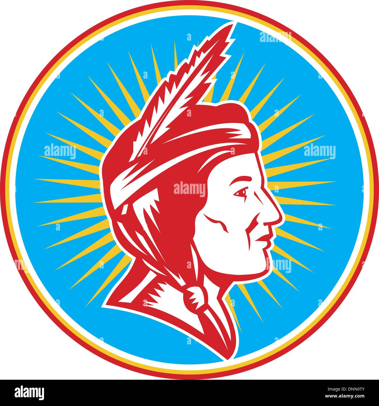 Illustration of a native american indian squaw woman viewed from side done in retro woodcut style set inside circle Stock Vector