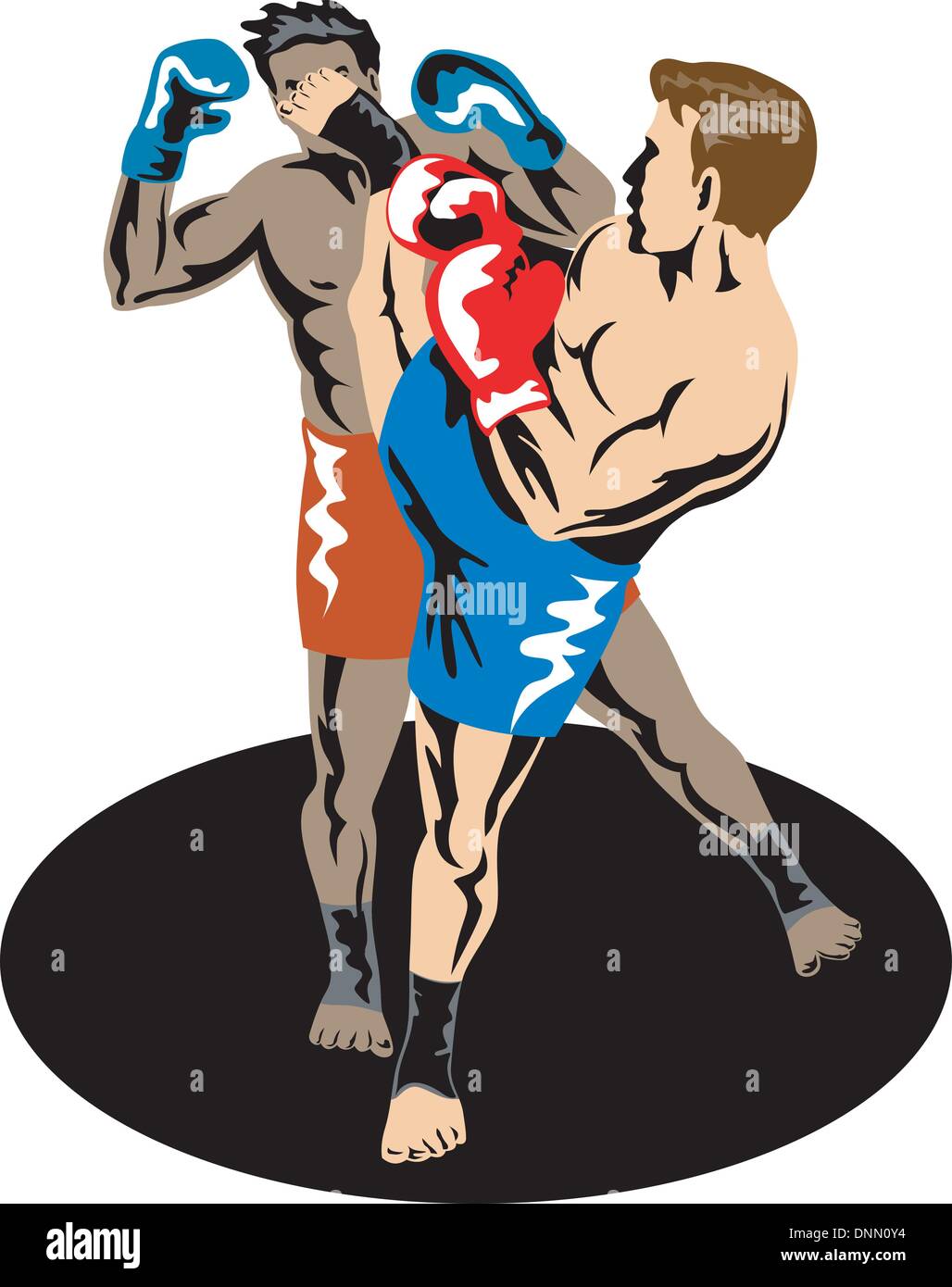 Illustration of a kickboxer boxing kicking fighting done in retro style. Stock Vector